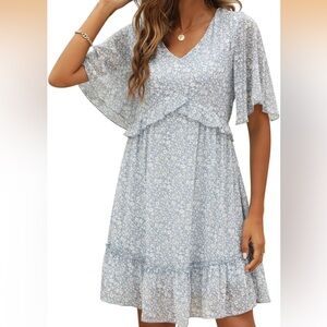 Floral Print V Neck Casual Mini Boho Ruffle Swing Dress Blue White Flowers
